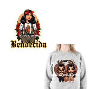 Chicana Religiosa Rose Gold Chola Chingona <span class=keywords><strong>Bendecida</strong></span> Designs In My Coquette Era Homegirls DTF Transfer Stickers para sudaderas con capucha Bolsas - Product Image 1
