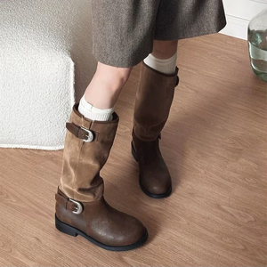 Dong Jie Retro Women's Knee-High Boots Solid Pattern Mid-Sole with Large Belt Buckle and Slim Thick <b>Heel</b> Same Style As Knights - Product Image 2