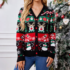 2024 logo personnalisé Oem & Odm hiver pull tricoté <span class=keywords><strong>manteau</strong></span> <span class=keywords><strong>moche</strong></span> noël col en v jacquard tricoté cardigan pull - Product Image 1