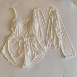 <strong>2026</strong> Custom Girl Cardigan Knitted Sleepwear Women Summer <strong>Cotton</strong> Pajamas Set Ribbed Oversized Womens 3 Piece Lounge <strong>Wear</strong> Sets - Product Image 1