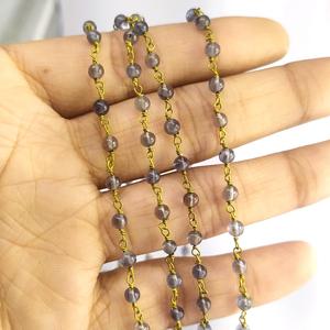 Natural Iolite Blue Smooth Irregular Shape Brass Wire Wrapped Handmade <b>Rosary</b> Chain by Johariz - Product Image 4
