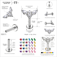Piercing labret en titane ASTM F136 16G à filetage interne, avec papillon en zircone cubique, pour cartilage d'oreille, plaqué or, stérile
