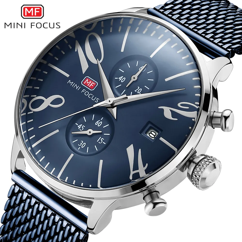 Mini Focus MF0135G Chinese Men Quartz Wristwatch Luxury Steel Calendar Waterproof Mens Watches Low Price