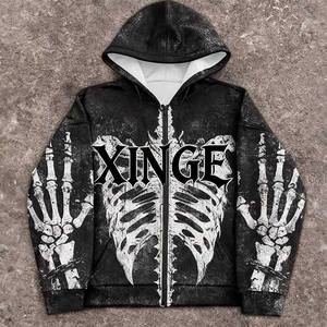 Sudadera con capucha para hombre, estilo gótico vintage urbano, extragrande, con cremallera, estampado digital personalizado de calavera, corte holgado y corto, éxito de ventas 2025 - Product Image 1