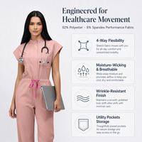 Combinaison pour femmes à col montant, manches courtes, taille à cordon de serrage, jambes larges, extensible dans 4 directions, multi-poches, pour uniforme d'infirmière en milieu hospitalier et clinique