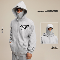 Sweat-shirt à capuche avec masque intégré 340g pour homme, coupe ample, couleur unie, personnalisable, coupe épaules tombantes, coupe-vent, fermeture éclair, collection automne