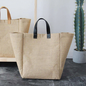 Custom Logo Natural Burlap <strong>Jute</strong> Linen Storage <strong>Bag</strong> Leopard Print Minimalist Tote <strong>Bag</strong> Leather Handles Featured Linen Fabric Medium - Product Image 2