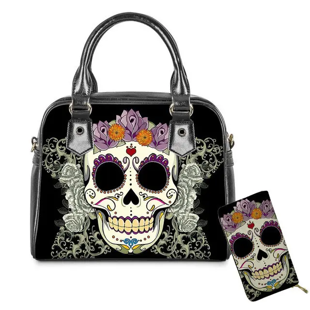 Well Designer Leather Handbags For Women Sugar Rose Flower Skull Print Ladies Bags Handbag Tote Bags Mini Pu Leather Handbags