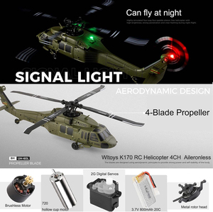 Hélicoptère RC Wltoys K170 2,4 GHz 4 canaux sans ailerons 6 axes UH-60L Brushless Militaire pour Débutants Jouet Avion - Product Image 5