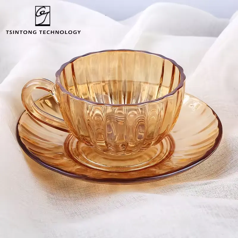 Hot bán 160ml 5oz bí ngô hình dạng hổ phách thủy tinh Espresso Mug và chiếc đĩa đặt drinkware trà trong suốt cốc cà phê Mug