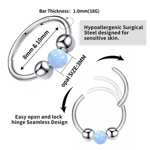 Anneau à billes en titane F136 avec boule d'opale synthétique |   Anneau de piercing hypoallergénique pour le septum nasal et le cartilage, pour hommes et femmes - Product Image 2