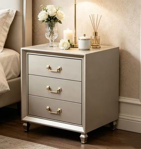 Modern Luxury <b>Grey</b> Solid Wood Nightstand,3 Drawers Gold Metal Handle Short Feet Bedside <b>Cabinet</b> for Contemporary Bedroom Night S - Product Image 6