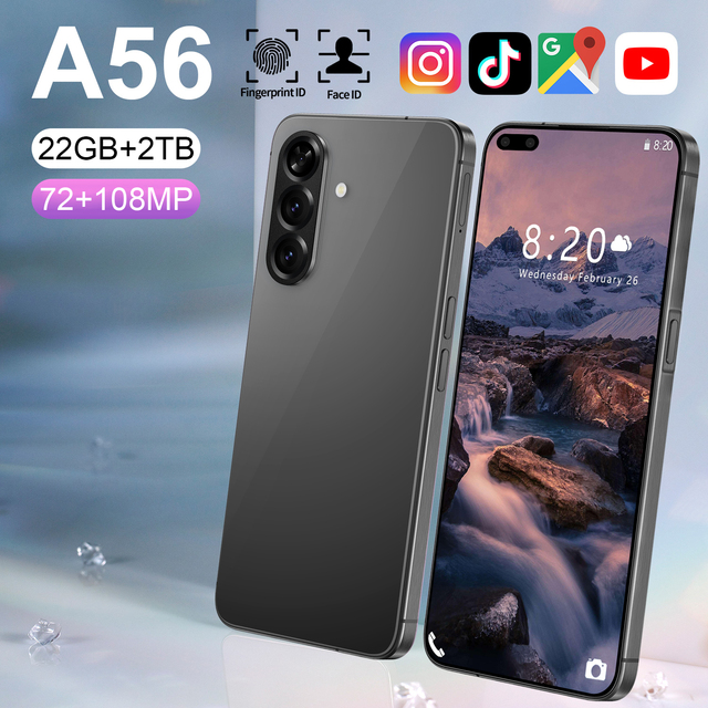 Value Deal A56 5G Smartphone 7.3 Inch Face Unlock 16GB+1TB Android 14 72+108MP HD Camera Dual Card CDMA Gaming Phone