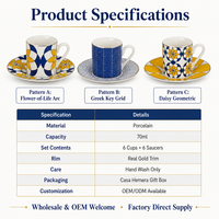 Ensemble de 6 tasses et soucoupes à café expresso en céramique dorée de luxe, ensembles de tasses et soucoupes à thé en porcelaine à motifs floraux, cadeau personnalisé avec logo, vente en gros