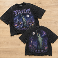 Kaos Katun TaiDe OEKO-TEX 280GSM Acid Wash Motif Mystical Liberty Galaxy Cetak Depan Belakang Logo Kustom ODM Grosir Pria