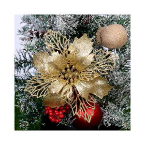 Flores de Pascua con purpurina dorada, adorno para árbol de Navidad, flores artificiales con clips, tallos, adornos navideños - Product Image 4