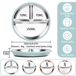 Assiette à dîner en acier inoxydable pour bébé avec ventouse, trois compartiments, pour enfants de 1 à 2 ans, plateau d'alimentation rose, blanc crème, marron boue - Product Image 2