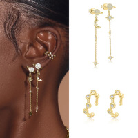Boucles d'oreilles classiques à clip en cuivre plaqué or 24 carats avec perle, fleur et zircon, chaîne à pampilles, bijoux cadeau pour femme