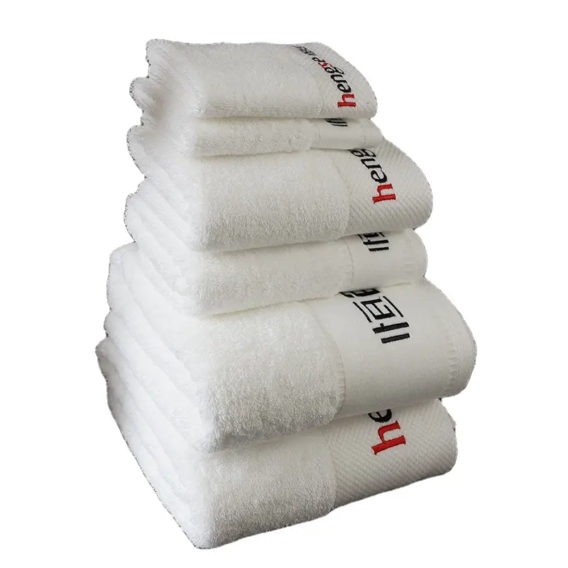 Business custom embroidery brand Logo luxury 16s yarn towel bath 100% cotton white hand bath towel set