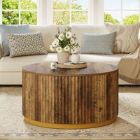 Table basse ronde de 31,5 pouces avec plateau en bois nervuré, structure robuste en forme de tambour, table d'appoint centrale pour salon, meubles de maison