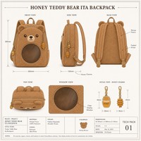 Sac à dos Ita fantaisie motif ourson miel, tirette de fermeture éclair pot de miel, breloque cuillère à miel, doublure imprimée abeille, sac à bandoulière confortable thème doux et chaleureux