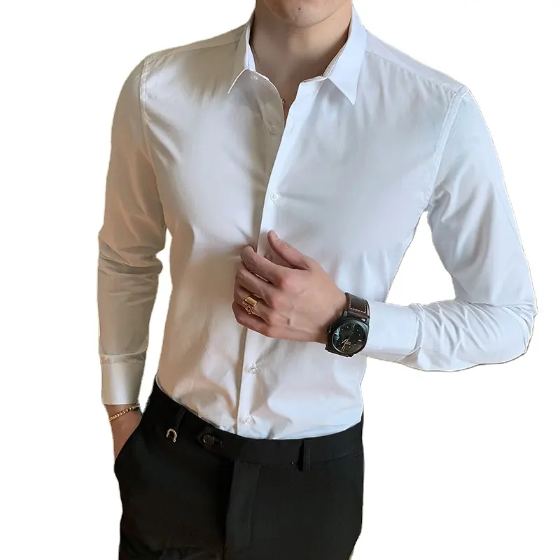 Fashion Cotton Long Sleeve Shirt Resort Utility Solid Slim Fit Male Social Casual Business White Black Dress Shirts S-8XL