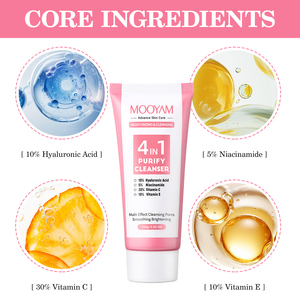 Limpiador <span class=keywords><strong>facial</strong></span> 4 en 1 al por mayor con ácido hialurónico niacinamida VC VE Beauty Pore Clean Oil Control Reafirmante MOOYAM Face Wash - Product Image 6