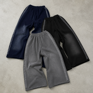 Pantalon de survêtement personnalisé, épais, surdimensionné, délavé soleil, effet usé, coupe empilée, délavé à l'acide, ample, avec strass, jambe large - Product Image 1