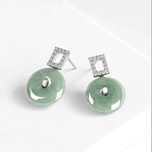Natural genuine A-grade jade green bean-shaped <b>stud</b> earrings with a peace charm, icy-grade jade, S925 <b>silver</b>, women's style - Product Image 2