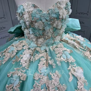 Gaun Pesta Jancember LSMU152 Hijau Mint Model Ball Gown Tanpa Tali dengan Hiasan Bunga 3D untuk Quinceanera dan Pernikahan dengan Pita di Belakang - Product Image 4