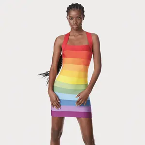 नई dropshipping गर्म फैशन और सेक्सी bodycon पट्टी इंद्रधनुष पोशाक महिलाओं के लिए