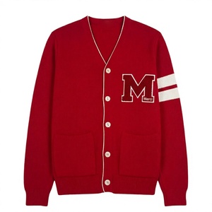 Custom Sky Blue White Men Winter Standard V-neck Cardigan College Acrylic Coarse Wool Knitted Vintage Jacquard Patch Designs - Product Image 5