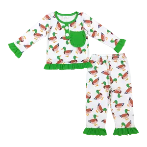 Glp1016 Duck Print Lange Mouw Broek Zak Groen Meisje Kant Hoge Kwaliteit Groothandel Meisjes Kleding Sets Leeftijd 1 T/m 5