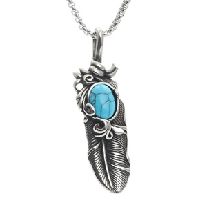 Collier pendentif plume Yunnique en acier inoxydable avec pierres turquoise, noires, bleues et rouges serties clos, bijou cadeau pour homme, perle carrée - Product Image 5