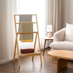 Estante Plegable de Bambú para Secar Toallas, Ahorra Espacio, con Moderno Estante de Almacenamiento de Cuatro Niveles para Baño - Product Image 1