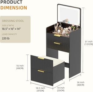 PHOENIX HOME Ensemble de vanité de maquillage compact 3-en-1 <span class=keywords><strong>Petite</strong></span> table de chevet noire cannelée 3 <span class=keywords><strong>tiroirs</strong></span> Coiffeuse cachée pour chambre à coucher - Product Image 5