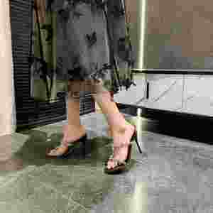 Sandales à une bride pour femmes, ornées de strass argentés, talons fins, nouvelles pantoufles transparentes en cristal, talons hauts élégants - Product Image 1