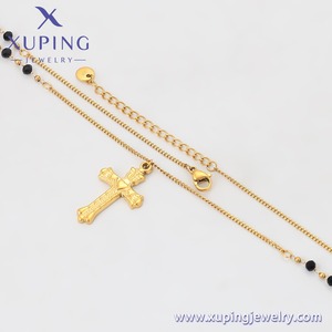 T001226748 XUPING Collar de Rosario con Cuentas Negras de Acero Inoxidable Chapado en Oro de 24K con Colgante de Cruz, Joyería de Moda - Product Image 6