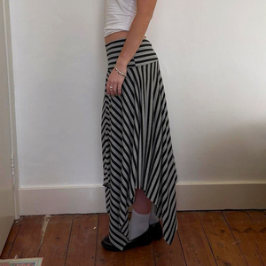Falda Casual Minimalista a Rayas para Mujer, Cintura Natural, Dobladillo Irregular, Estilo Coreano Vintage, Maxi, Uso Diario, Cómoda - Product Image 4