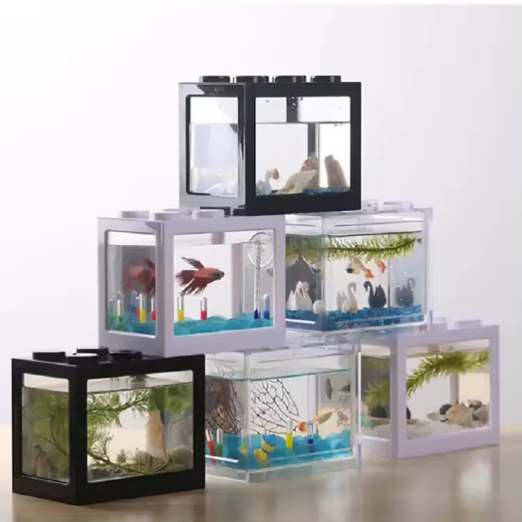 Mini Aquarium Betta Fish Tank Transparent with USB LED Lighting Small Aquarium Office Box Packaging Plastic Table Plastic Gift