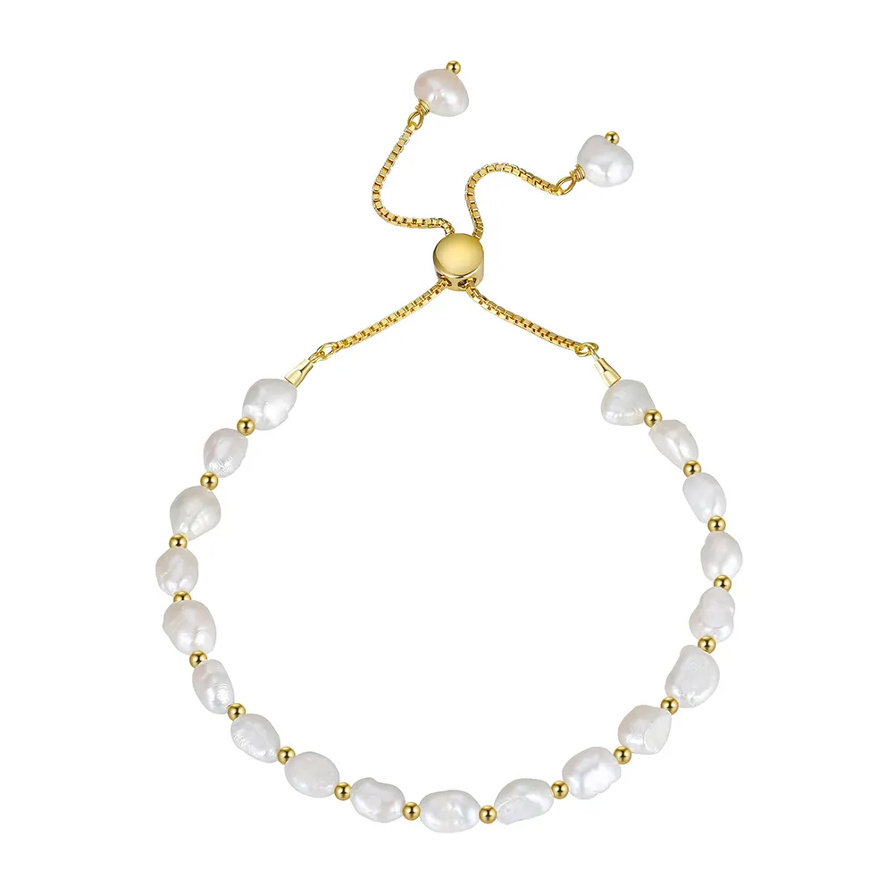 GPB09 Dainty Valentine CharmHandmade Jewelry Silver Chain Link Baroque Culture Pearl 14K Gold Adjustable Bracelet for Women