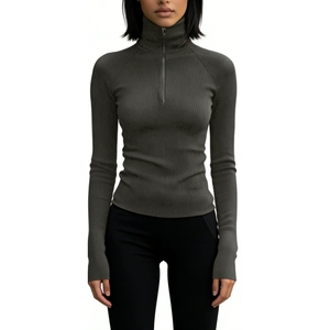 Haut côtelé à col roulé et demi-zip pour femme - T-shirt moulant décontracté à manches longues en maille tendance - Product Image 1