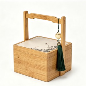 <b>Bamboo</b> Double Layer Pastry Box Rectangle Mooncake Gift Packaging Wooden Food <b>Container</b> With Handle And Tassel - Product Image 3