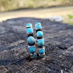 Wofish Set Bezel Barat Arizona Turquoise Hoop Earrings