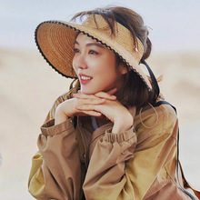 Visières <span class=keywords><strong>de</strong></span> soleil en paille tressée pour femmes, chapeaux <span class=keywords><strong>de</strong></span> <span class=keywords><strong>plage</strong></span> à large bord à motif géométrique avec nœud papillon, chapeaux d'été pliables UPF50+ - Product Image 2