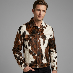 Chaqueta de Cuero Vacuno para Hombre, Estilo Motero, Estampado Animal, Cuello Camisero, Cierre de Cremallera, Corte Regular, para Otoño - Product Image 1