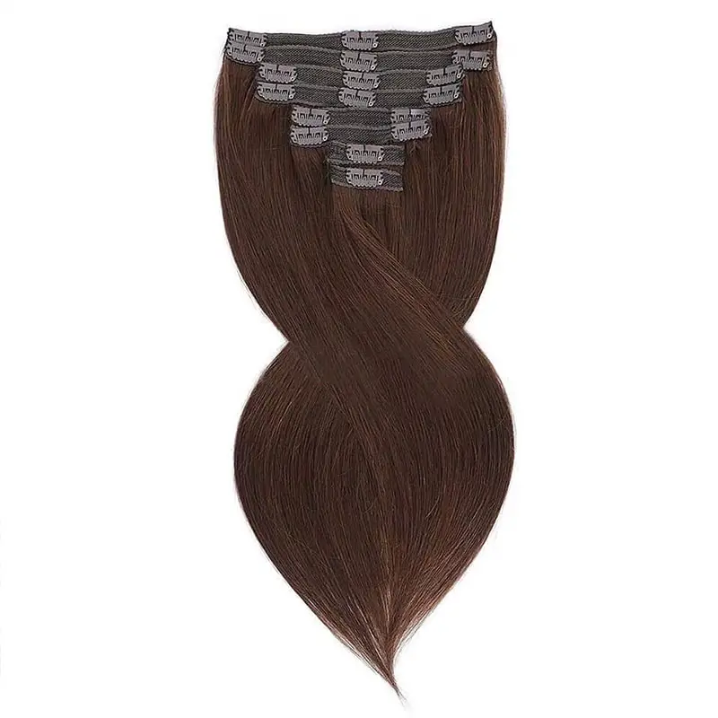 Cuticle Aligned Raw Brazilian Human Hair Extensions Light Brown Color Double Drawn Seamless Clip In Hair Extension