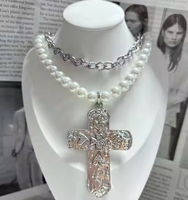 Nouvelle Mode Antique Argent Plaqué Grand Amour Coeur Croix Pendentif Collier Perle Chaîne En Argent Deux Couches Femmes Hommes Bijoux En Gros