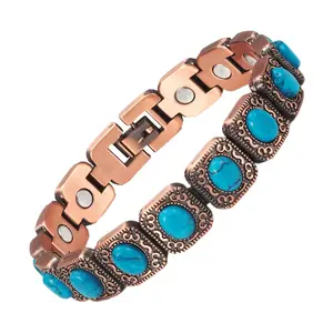 Top Factory Handmade Health Sapphire Turquoise Magnetic Therapy Copper Bracelets For Men