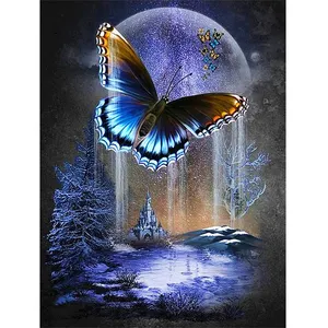 New Design Wall Art Scroll DIY Painting Full Drill Moon Butterfly Diamond Painting With Wooden Poster Hanger